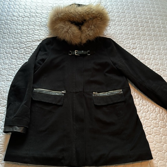 MAJE Black Fox Fur Parka Leather Trim sz 1 (small) - Picture 3 of 12